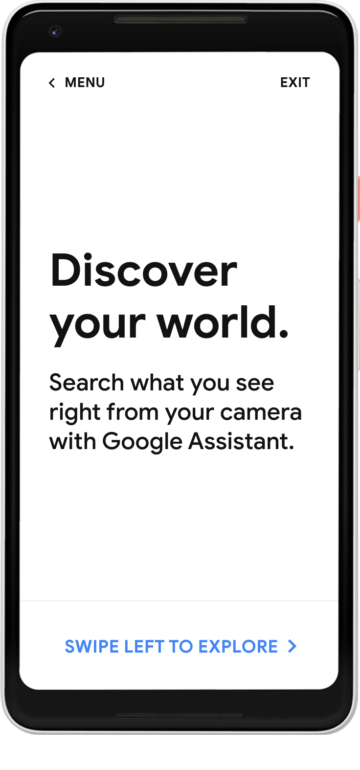 Intro to Google Assistant feature group with a CTA to 'Swipe left to explore'