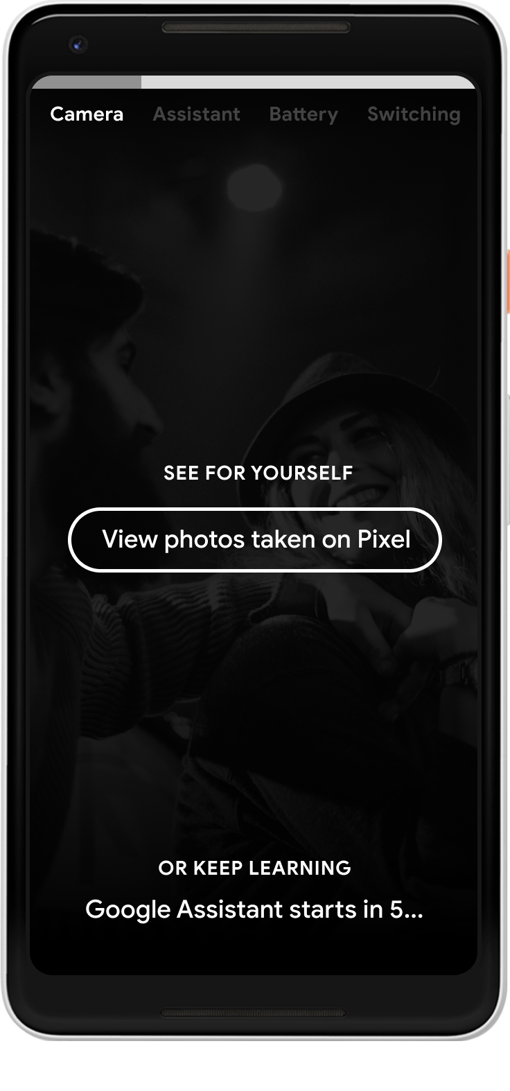 CTA to 'View photos taken on Pixel' with alt option to keep watching for the next video