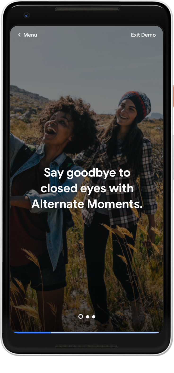 The first feature video for the 'Take brilliant photos' group, with a headline 'Say goodbye to closed eyes with Alternate Moments'