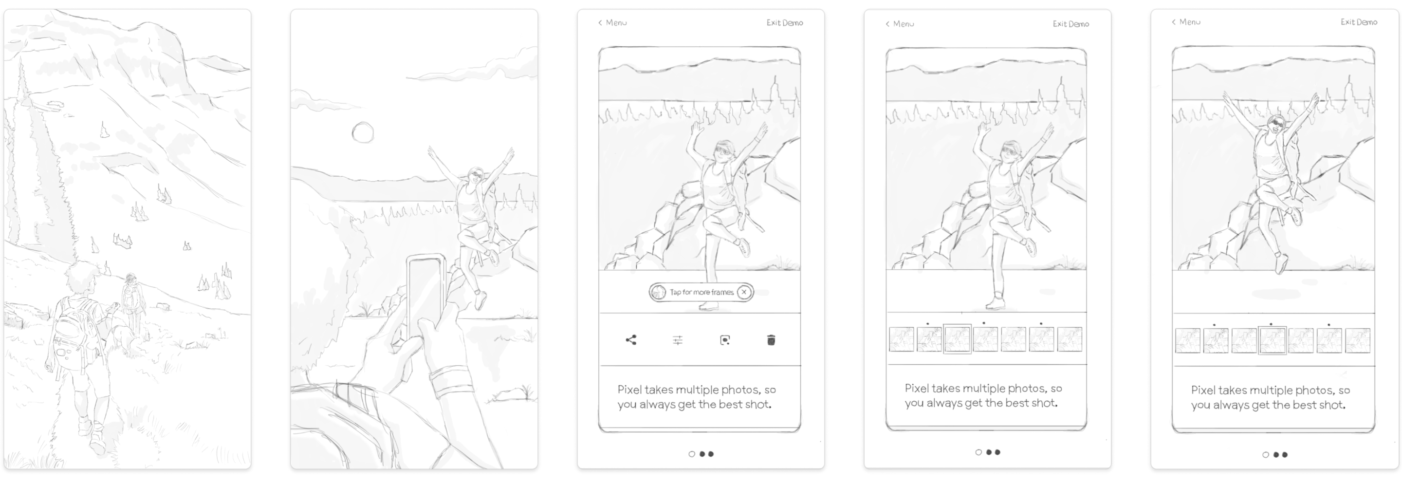Sketched storyboard with 5 panels showing the feature video and UI video sequence of the Alternate Moments feature