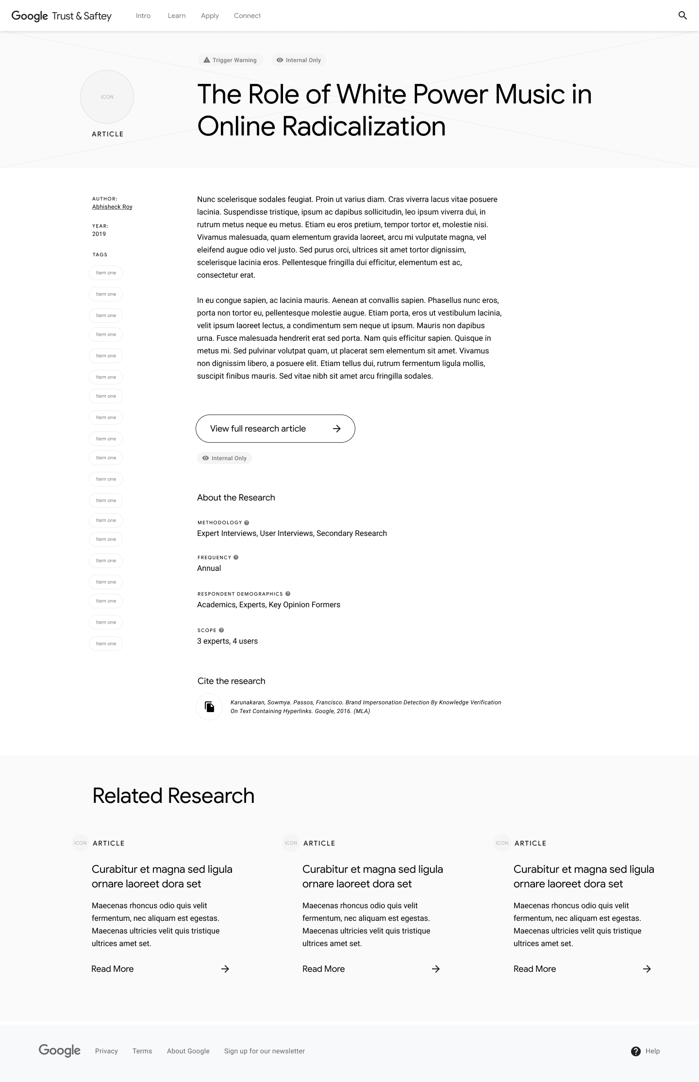 Detail Page wireframe exploration. This option prioritizes the research information and separates the columns by indexable information and research-specific information.