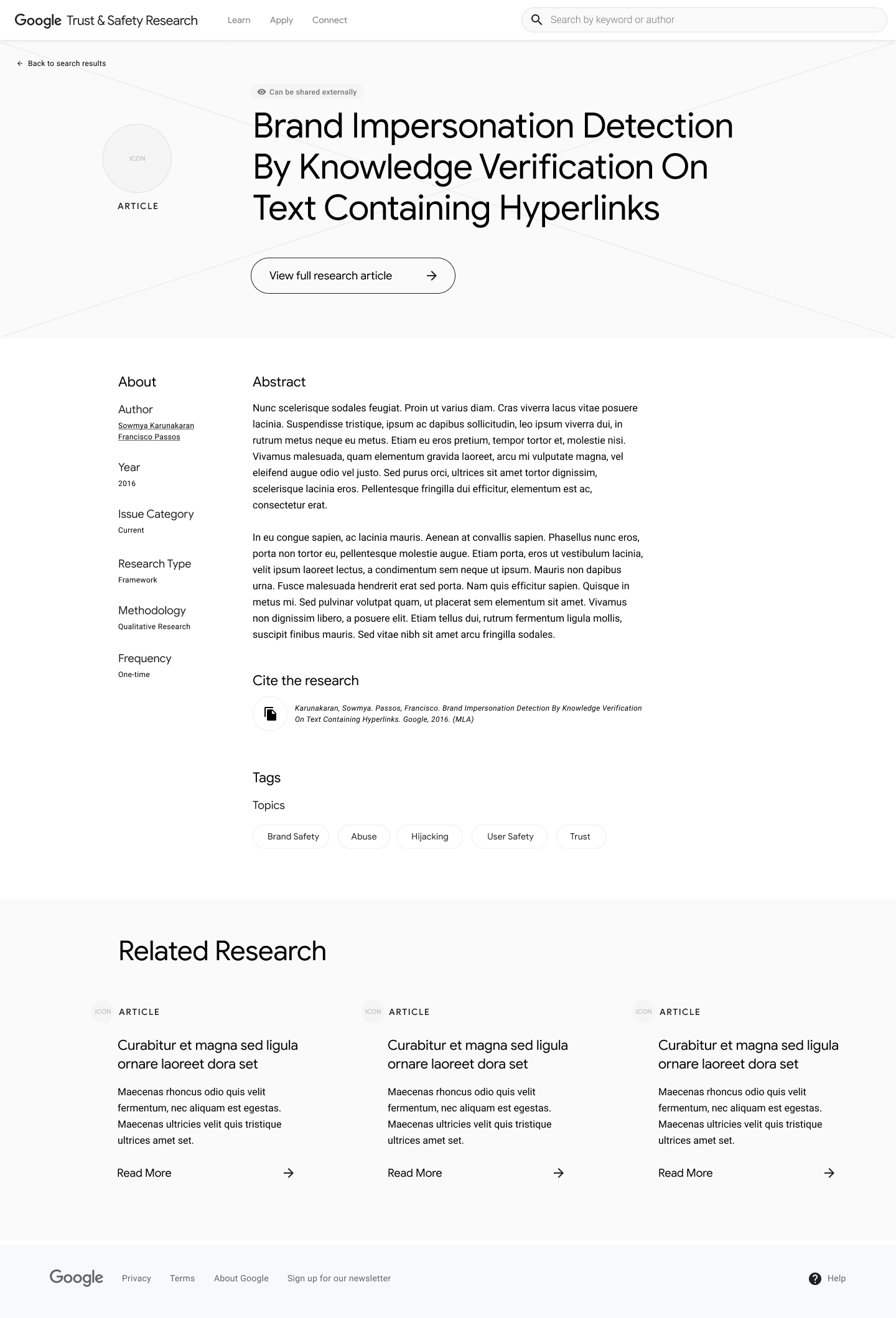 Selected Detail Page wireframe. This option prioritizes the action to 'View the full research' and splits the study information and research information into distinct columns.