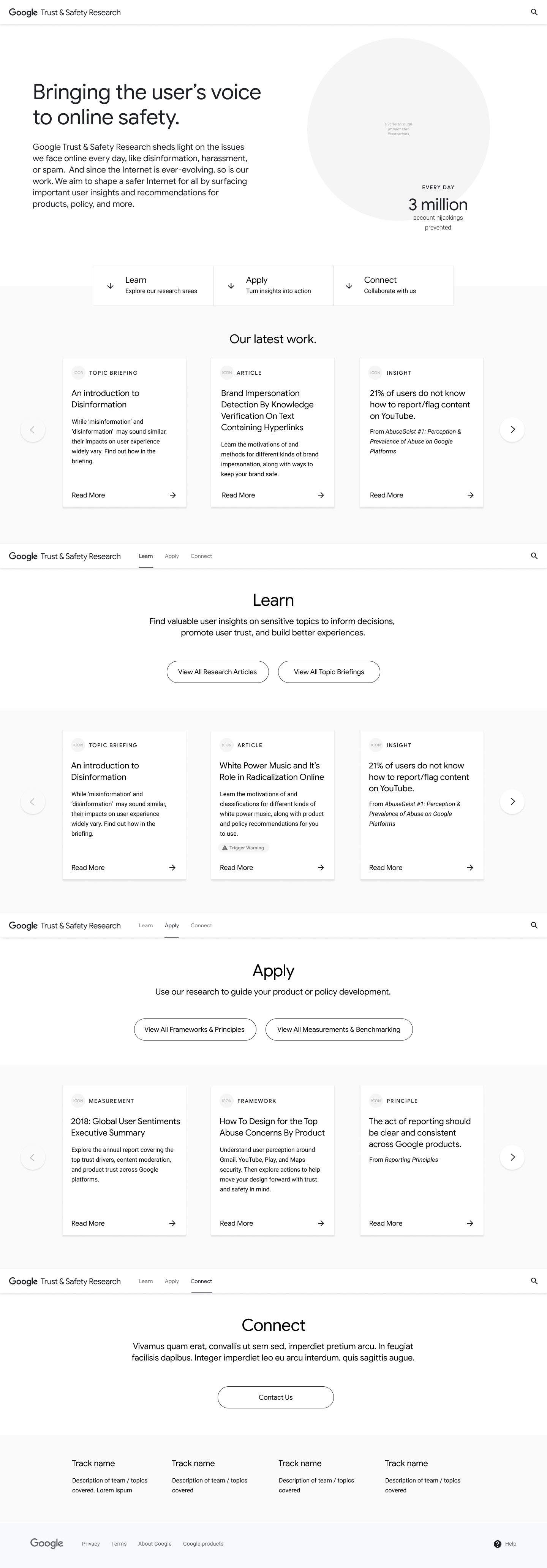 Selected Landing Page wireframe. This option heroes the mission and impact stats, then dives deeper into the research content.