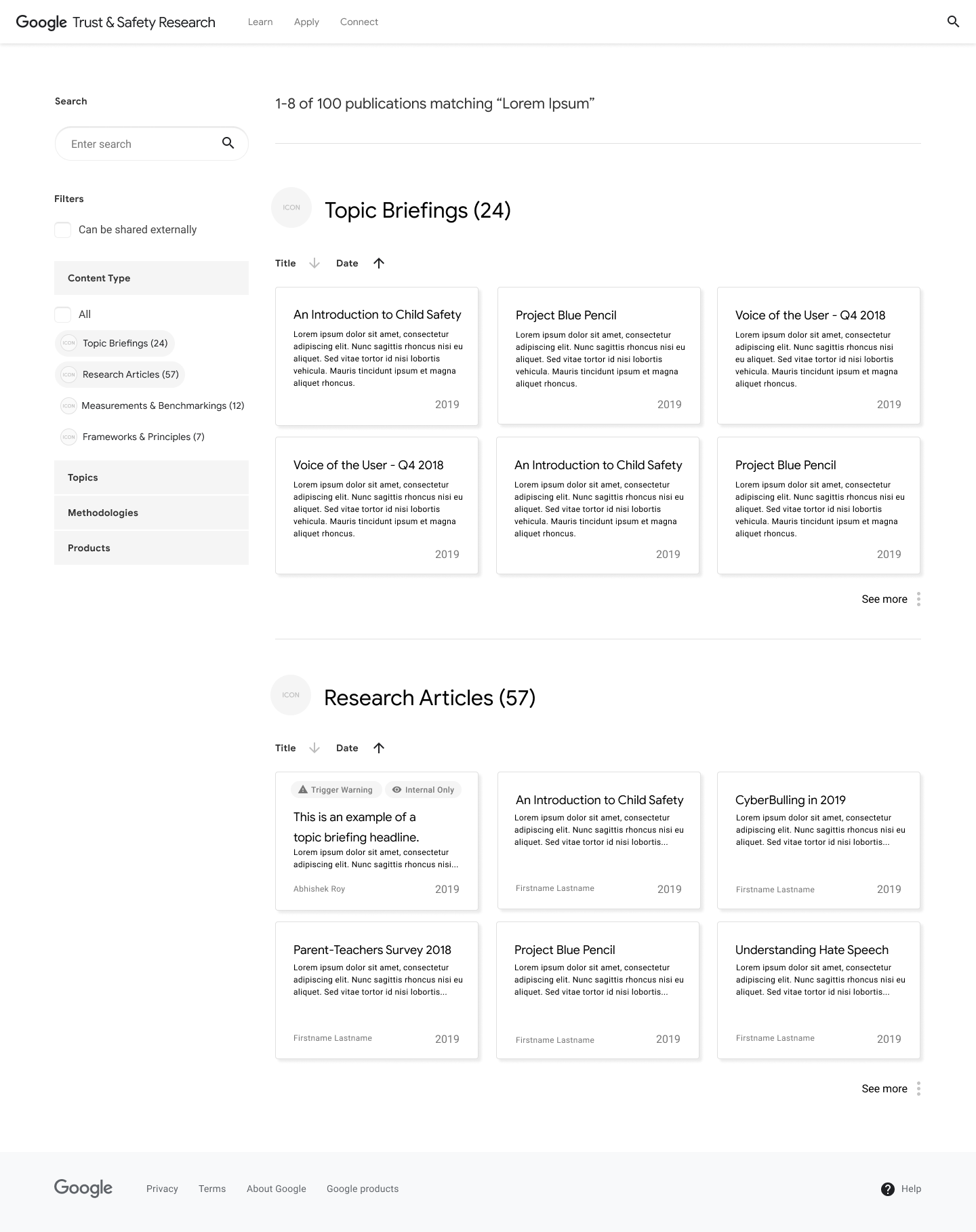 Search Page wireframe exploration. This option sorts the search results by content type.