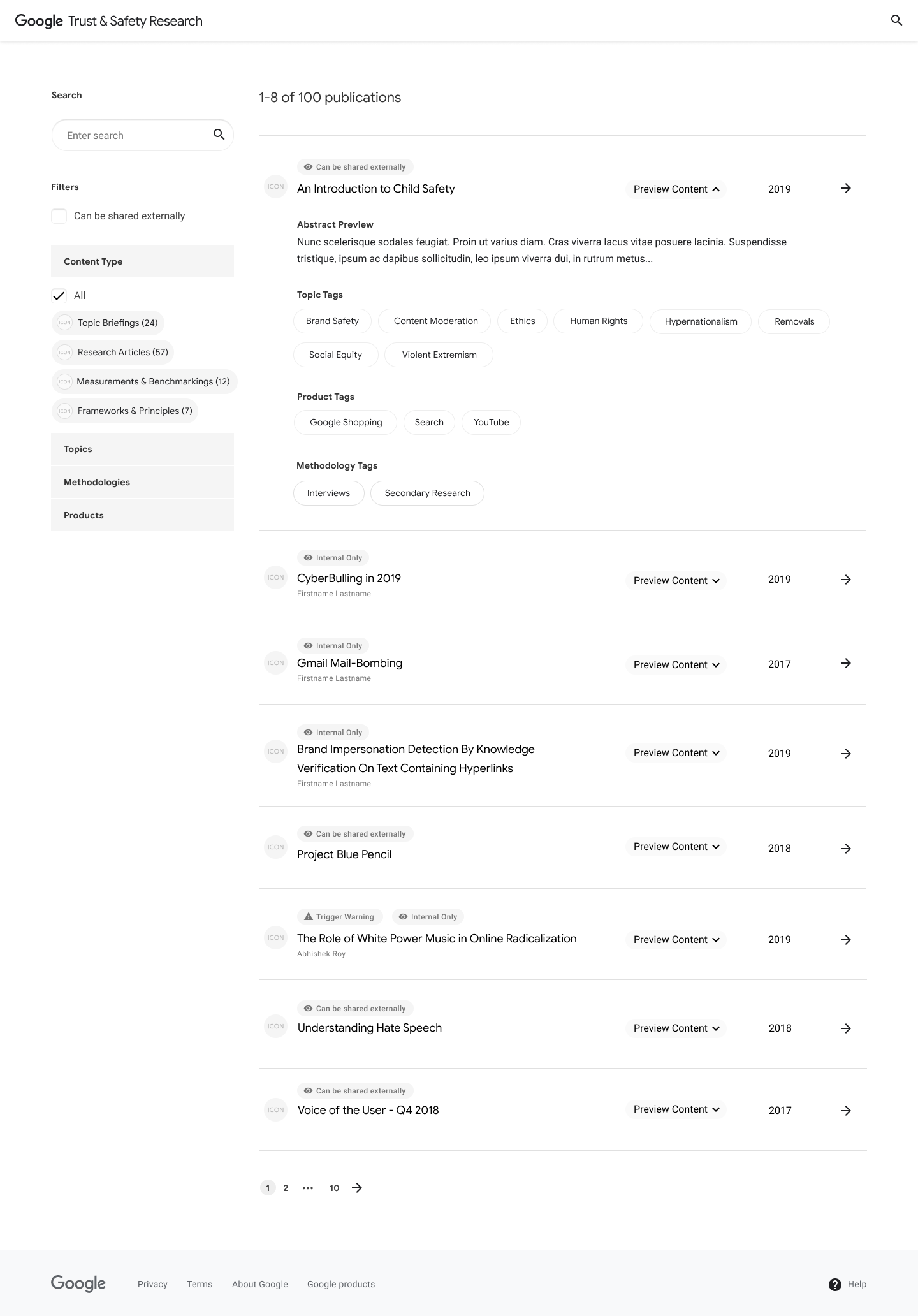 Selected Search Page wireframe. This option displays the search results in a list, with the option to expand a result to see a preview of the research abstract.