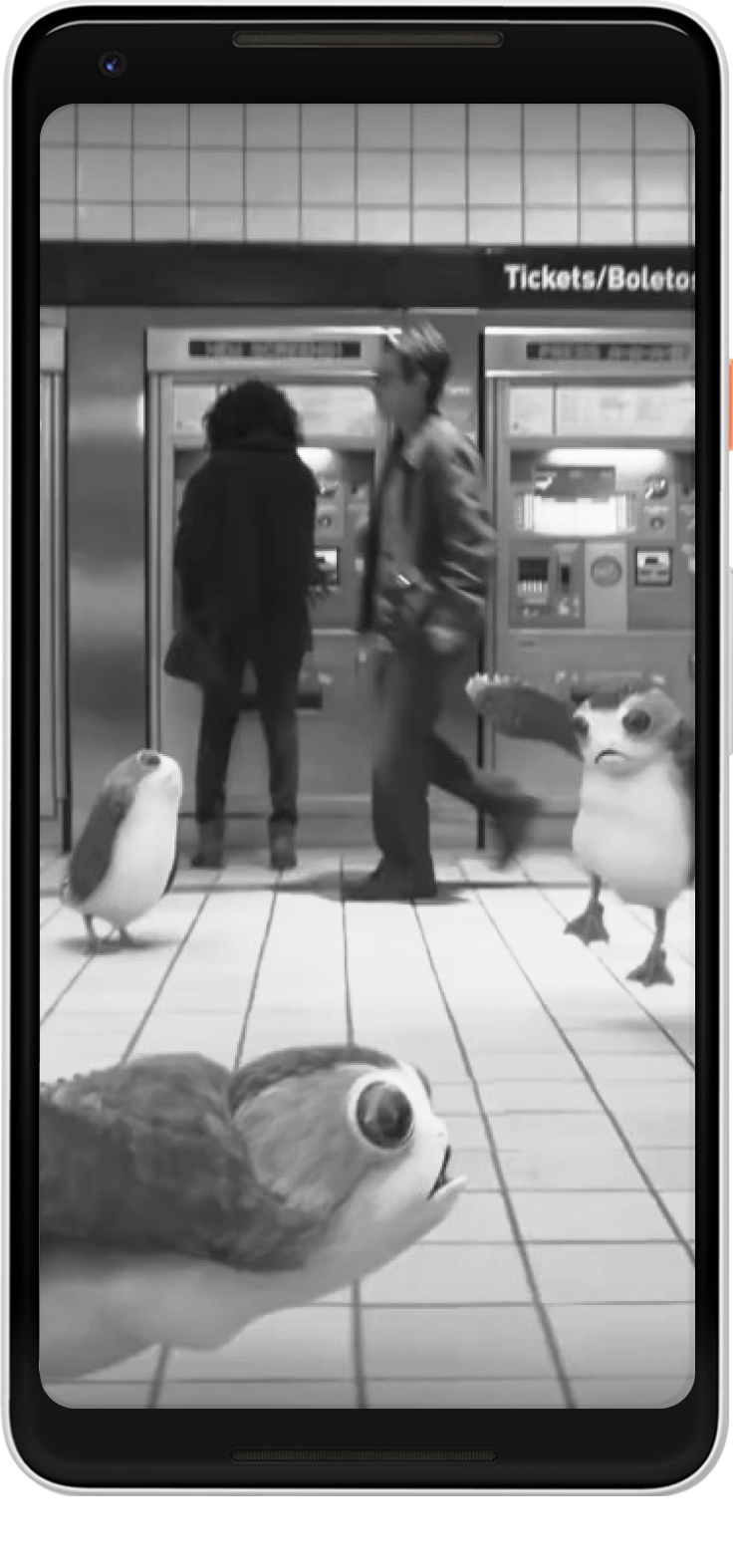 Augmented reality characters flying around a ticket station