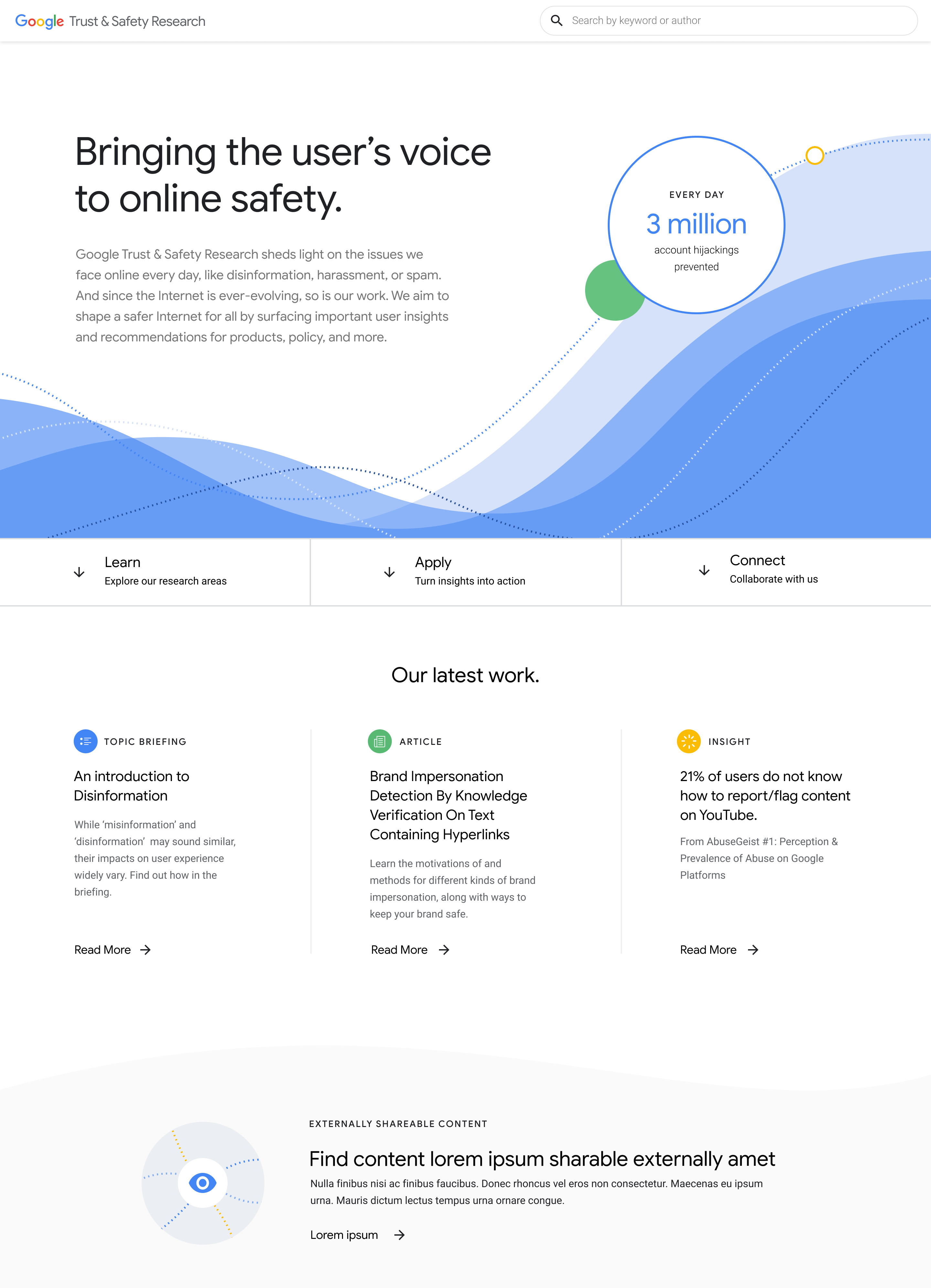 Hero with layered blue waves and impact stat reading, 'Every day 3 million account hijackings prevented.'