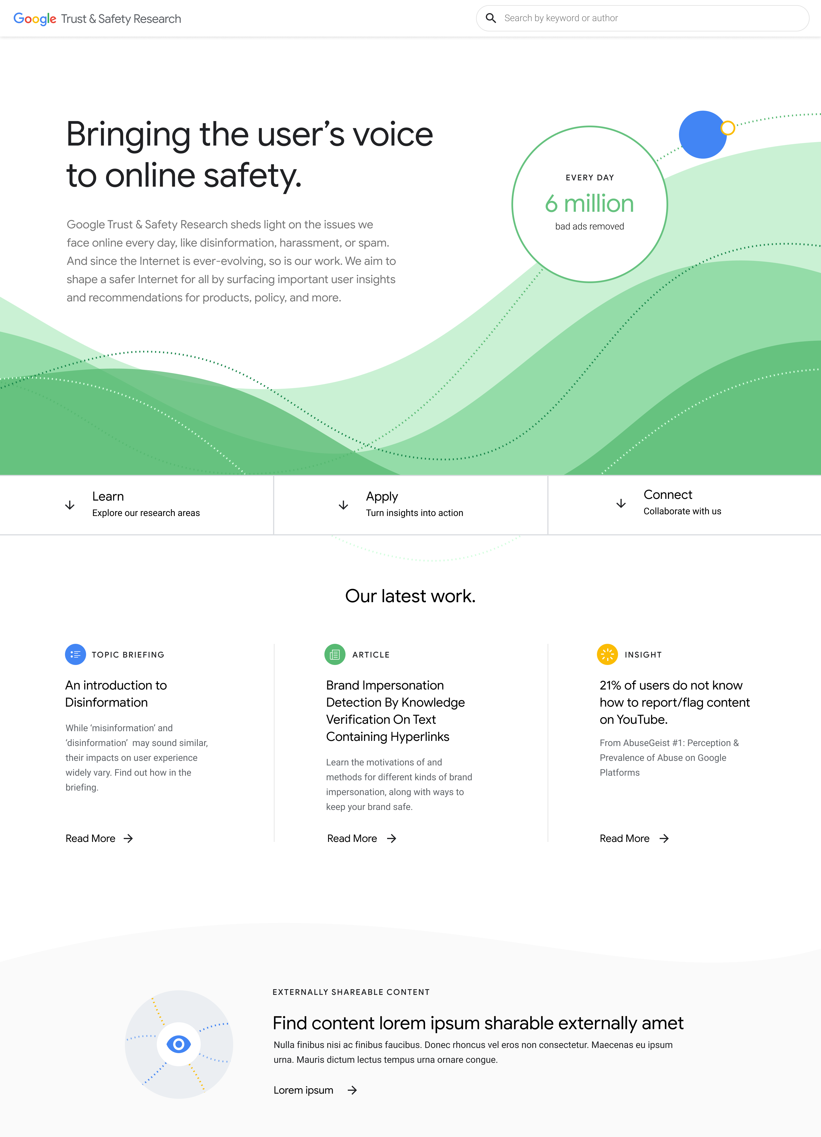 Hero with layered green waves and impact stat reading, 'Every day 6 million bad ads removed.'