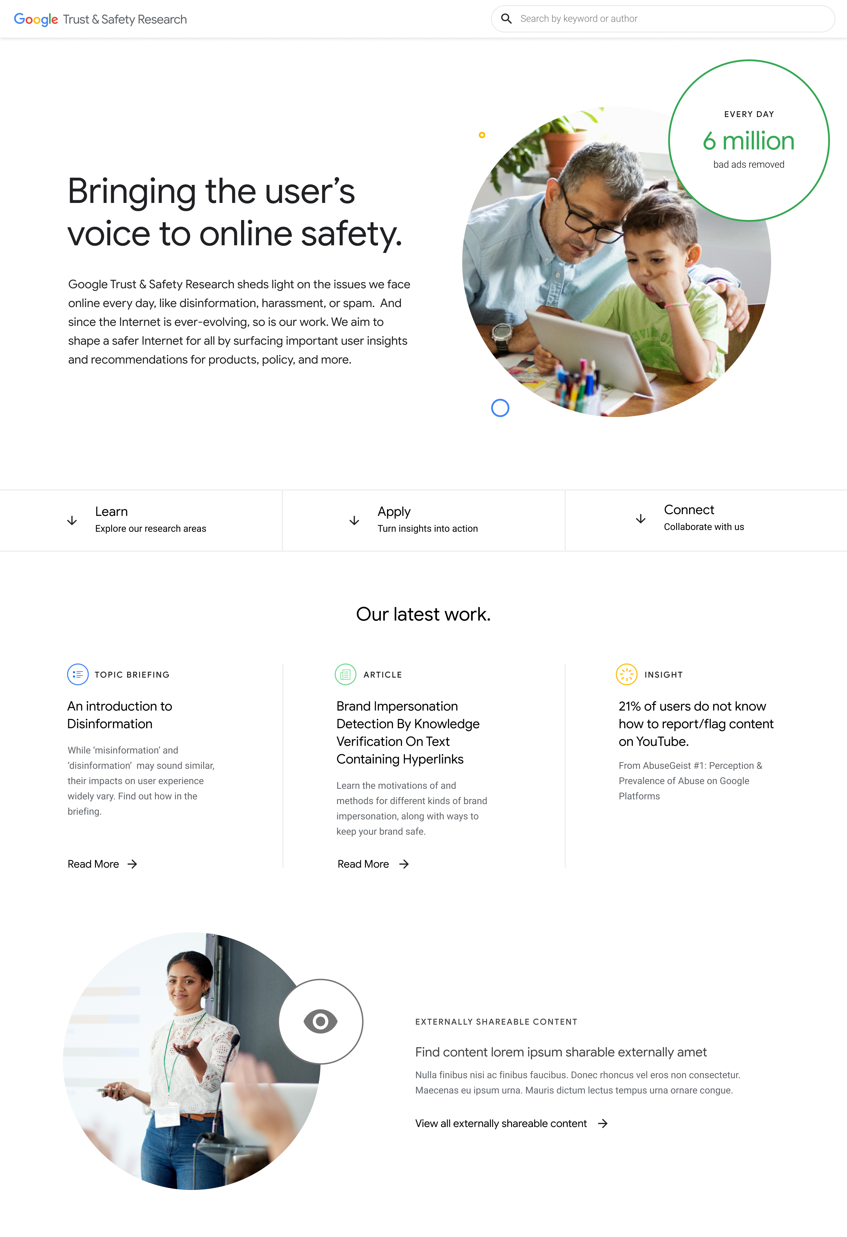 Hero with a central photo of a father and son watching content on a tablet.