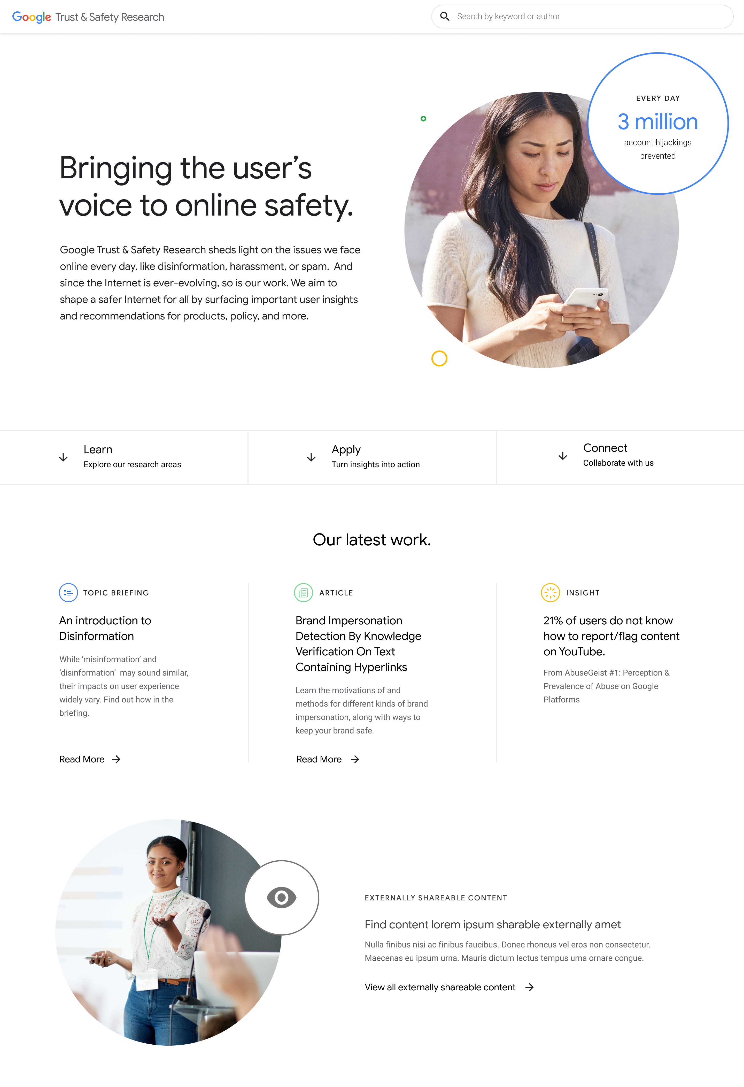 Hero with a central photo of woman looking at her smartphone.