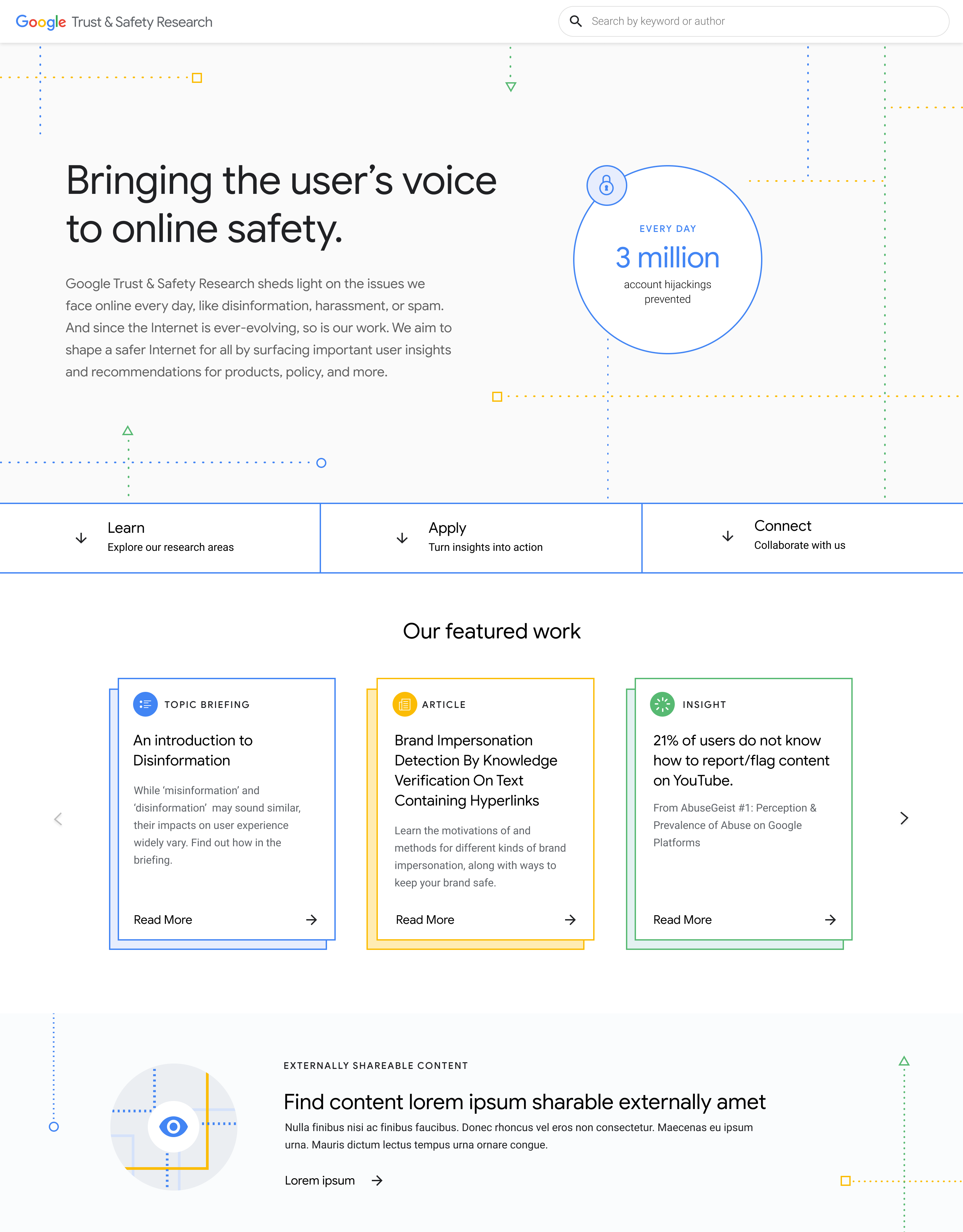 Hero with geometric shapes and lines forming a web pattern. An impact stat is centered, surrounded by a floating icon.