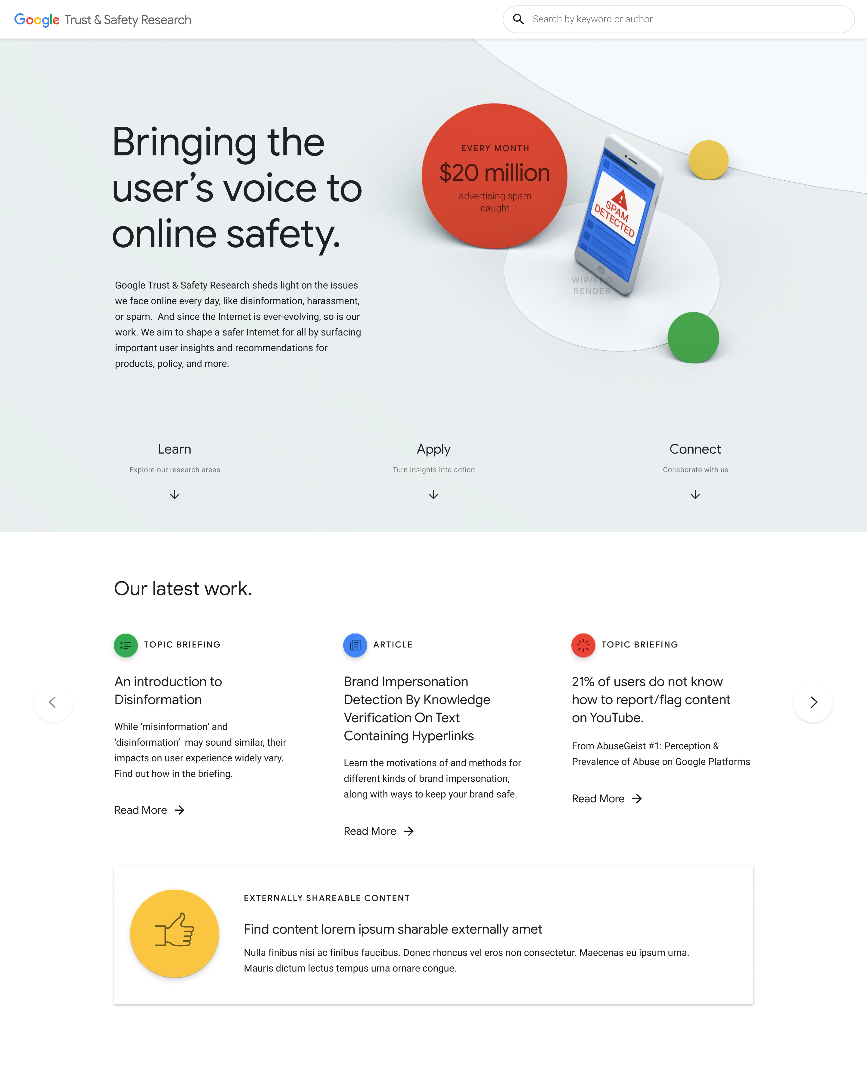 Hero with a 3D model of a smartphone and a circle with another impact stat.