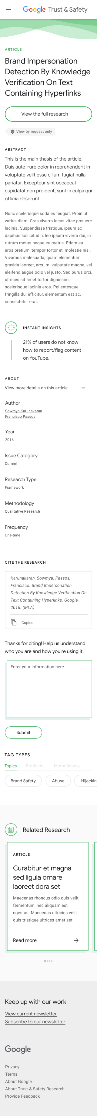 Mobile version of a Research Article Detail page, with the citation form launched.