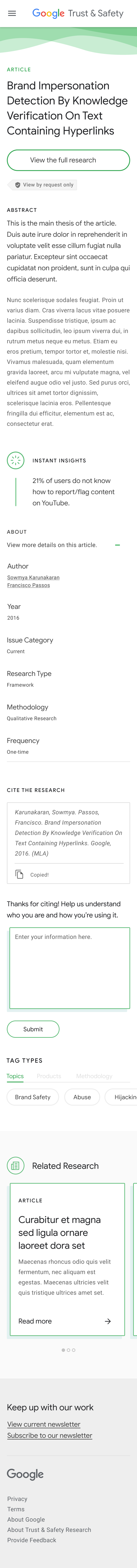 Mobile version of a Research Article Detail page, with the citation form launched.