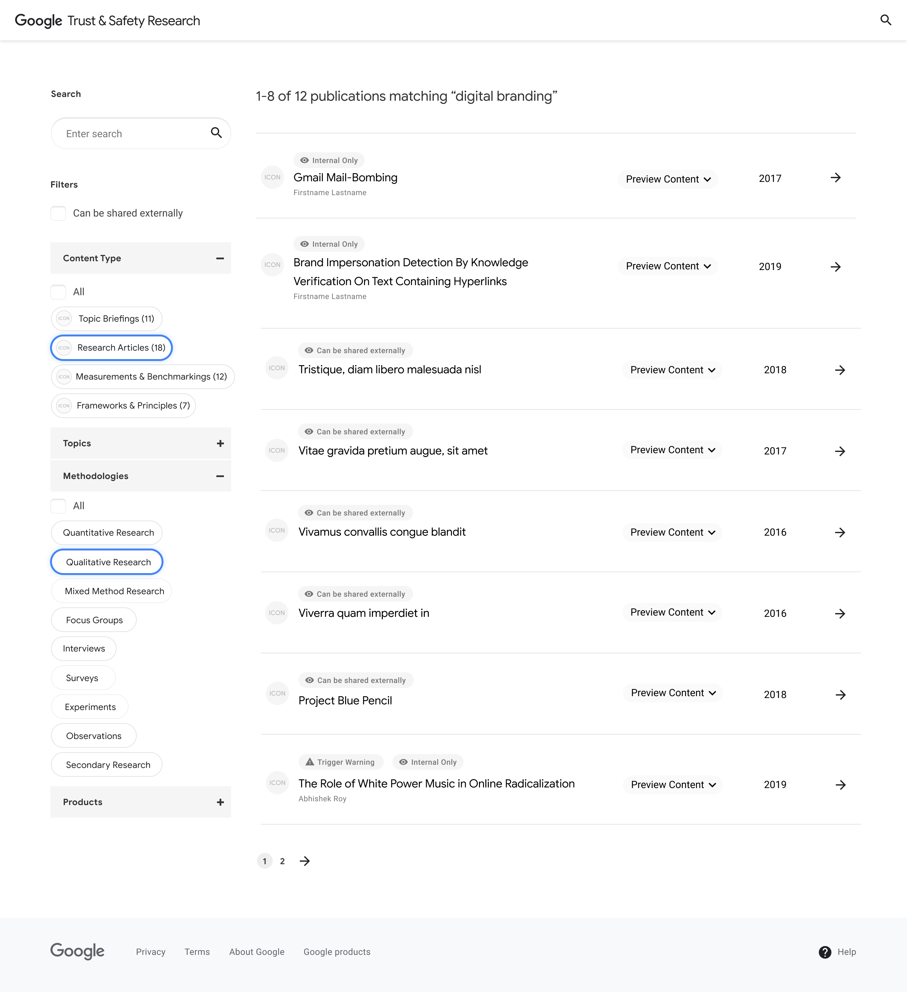 Search Page with the Research Articles and Qualitative Research filters toggled.