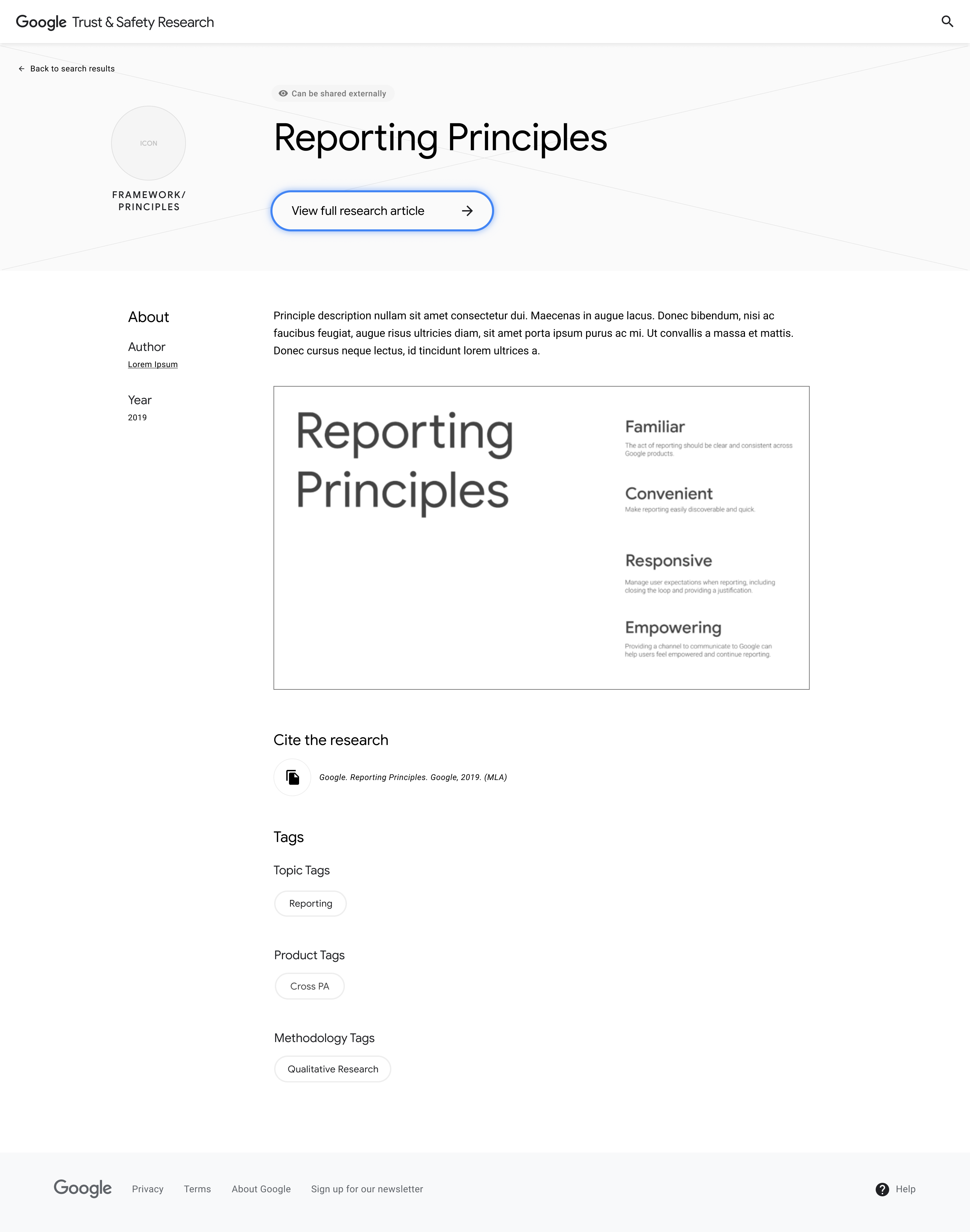 Principle Detail Page with the 'View full research' CTA highlighted.