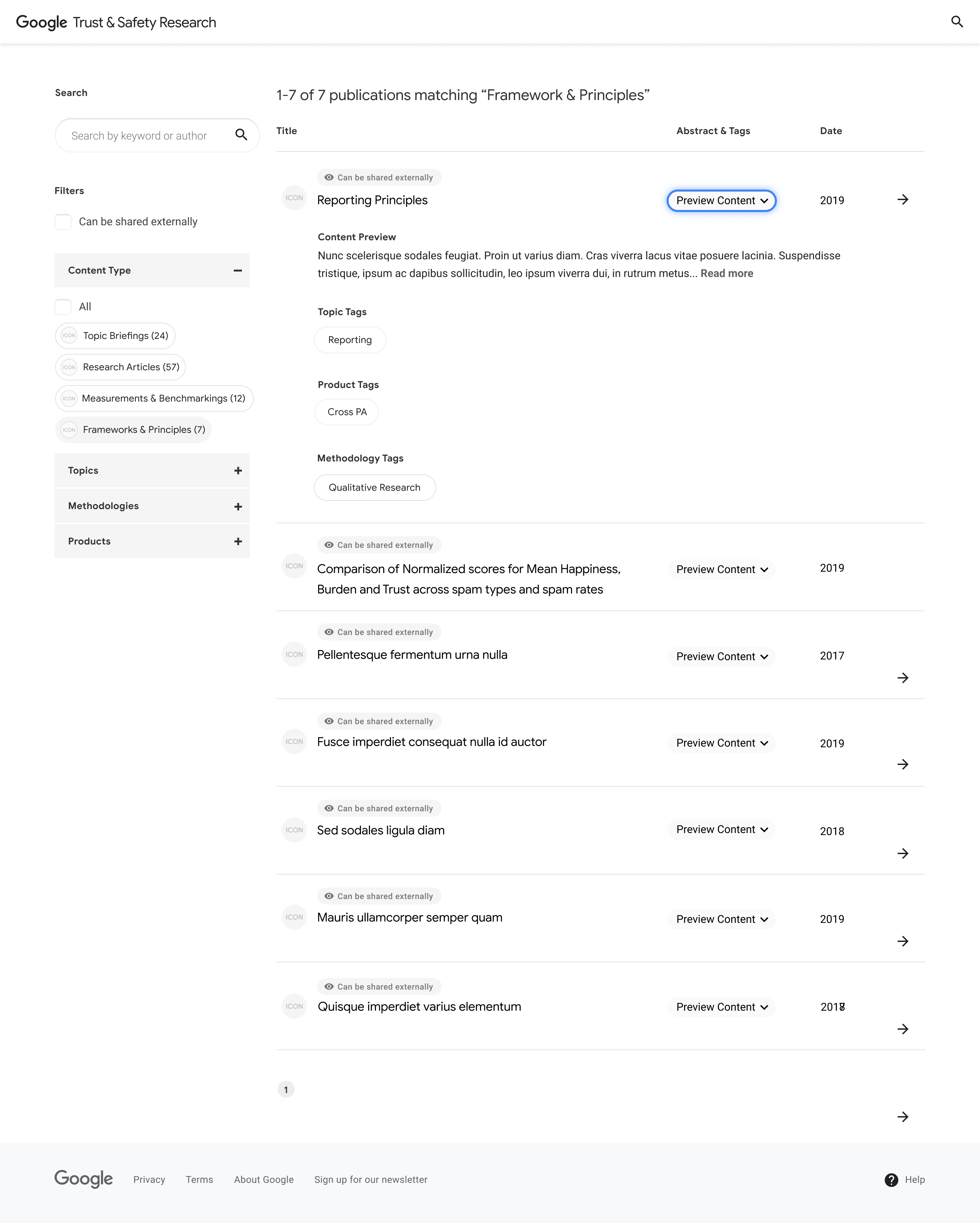 Search Page with a Principle result expanded.