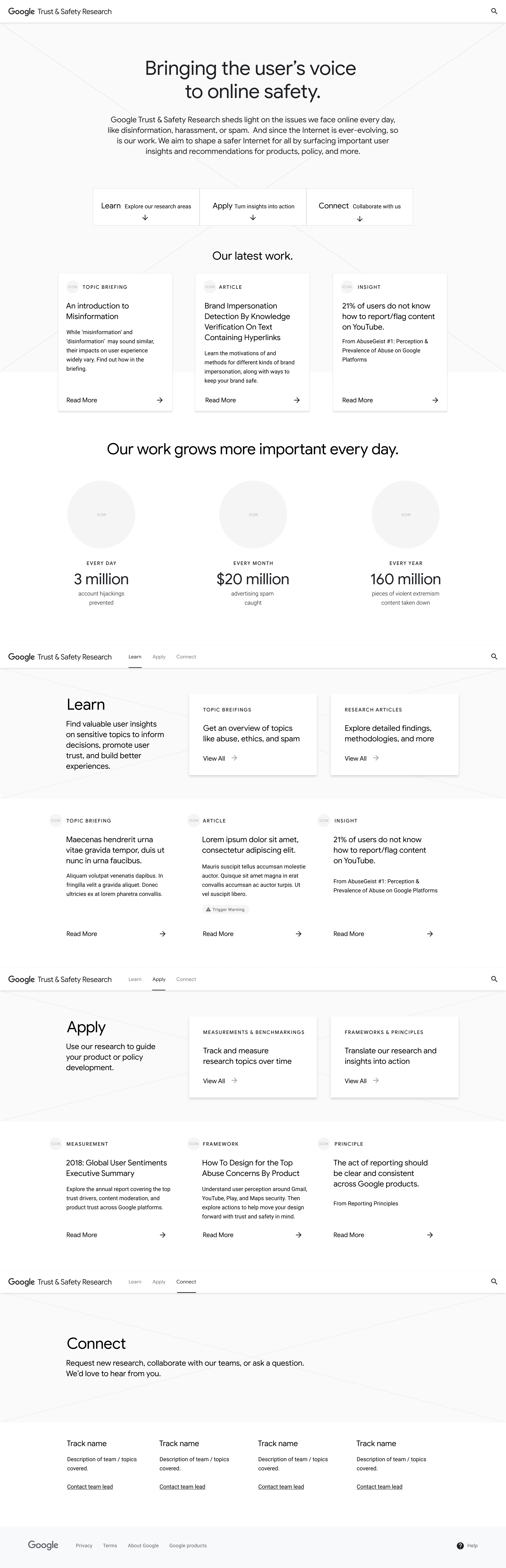 Landing Page wireframe exploration. This option prioritizes the latest Trust & Safety work over the team's impact, and provides more context for the content types.