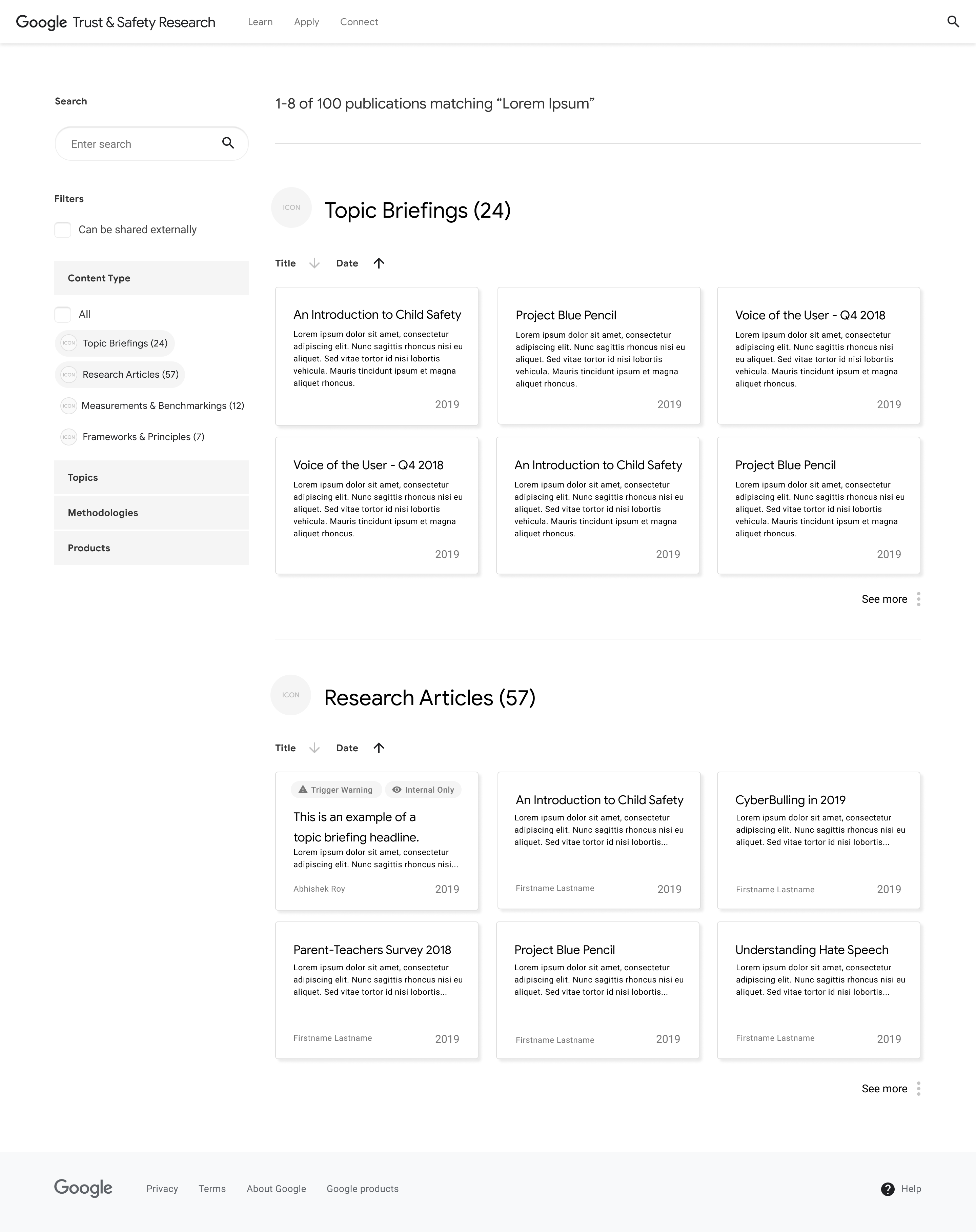 Search Page wireframe exploration. This option sorts the search results by content type.