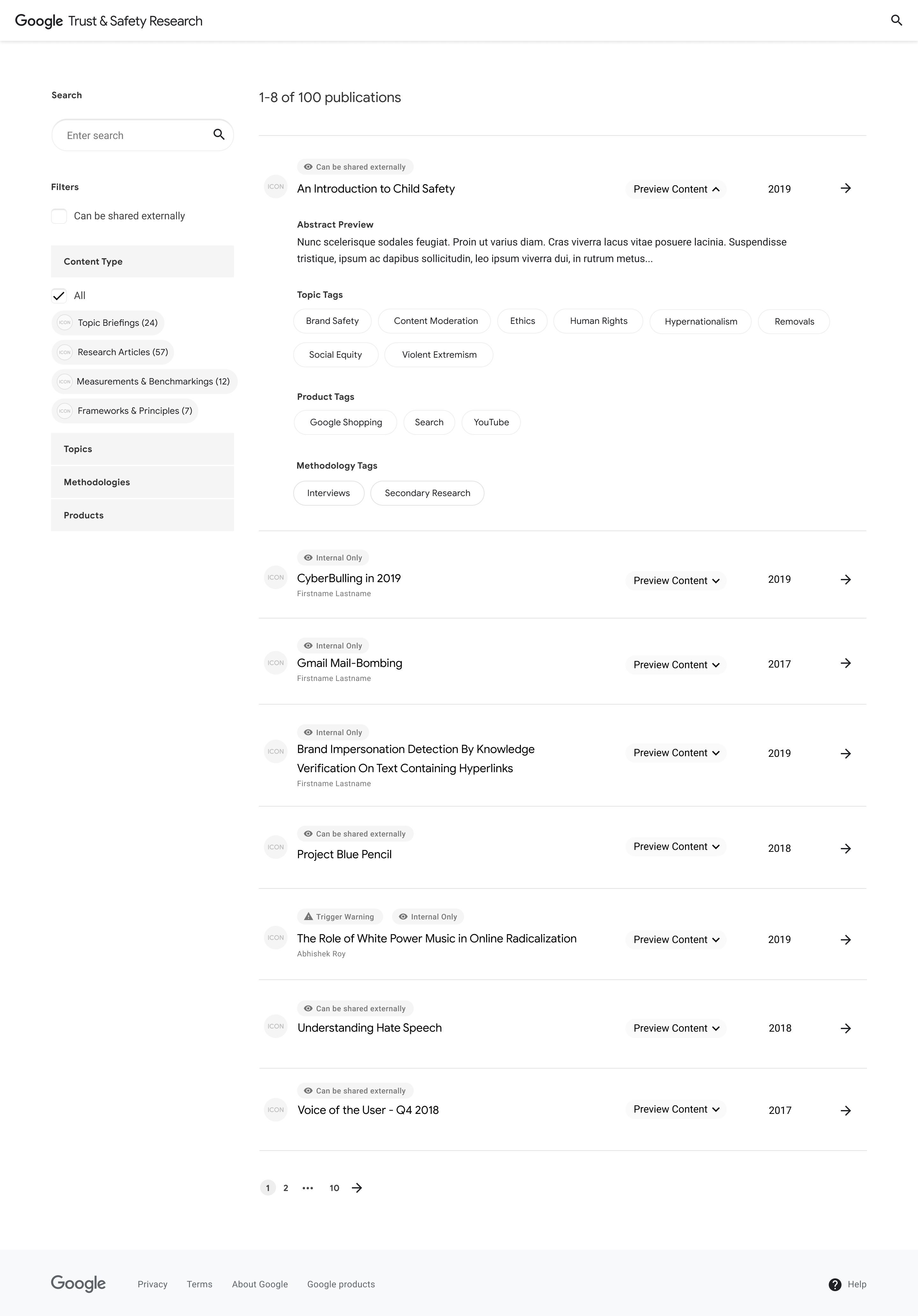 Selected Search Page wireframe. This option displays the search results in a list, with the option to expand a result to see a preview of the research abstract.